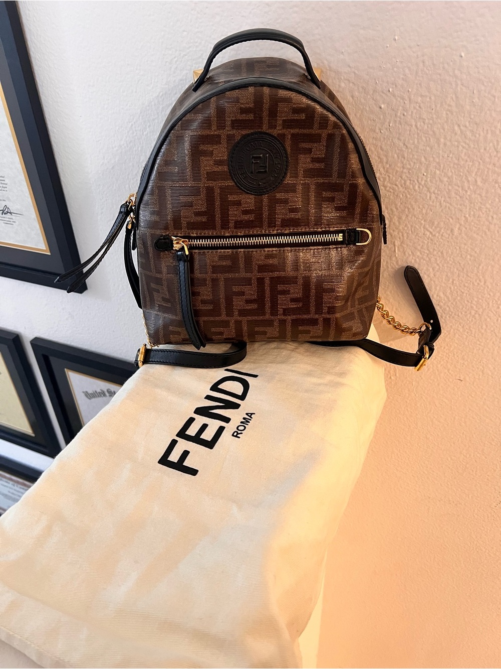 Fendi Brown Monogram Mini Backpack with Black Trim and Gold Hardware